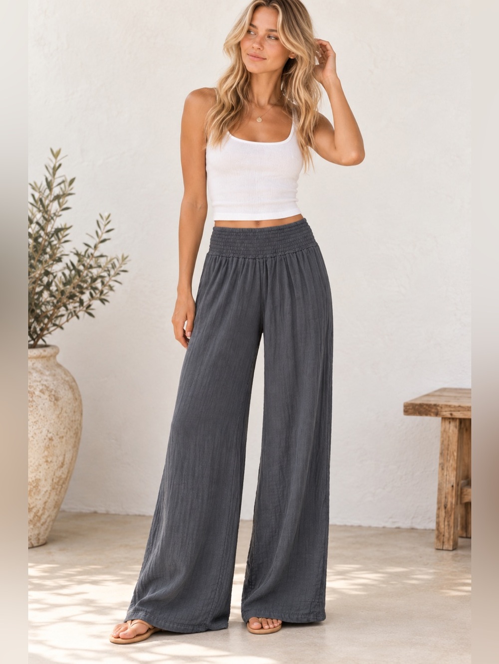Michael Stars Charcoal Wide-Leg Smocked Waist Pants